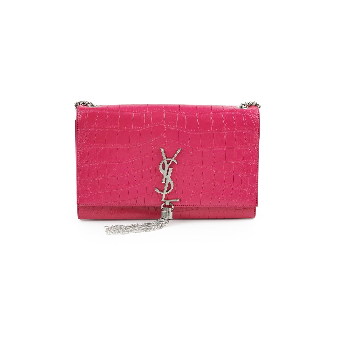 YSL Saint Laurent Croc Kate Tassle Bag Pink Embossed Shoulder Bag