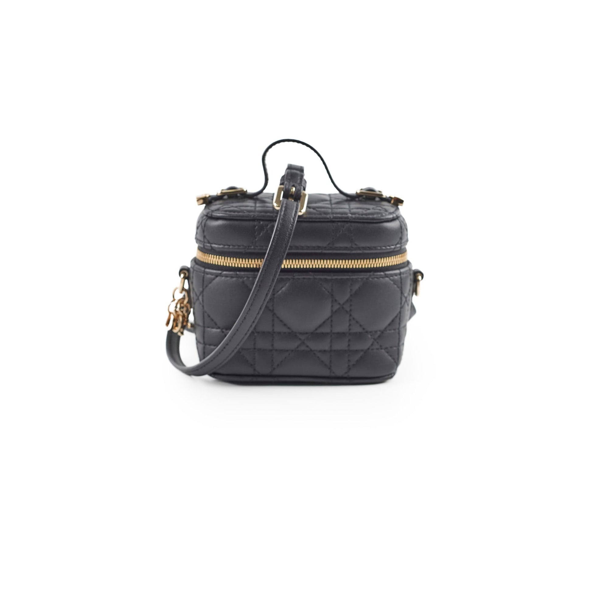 Dior Christian Vanity Case Cannage Crossbody Bag Lambskin Black Micro