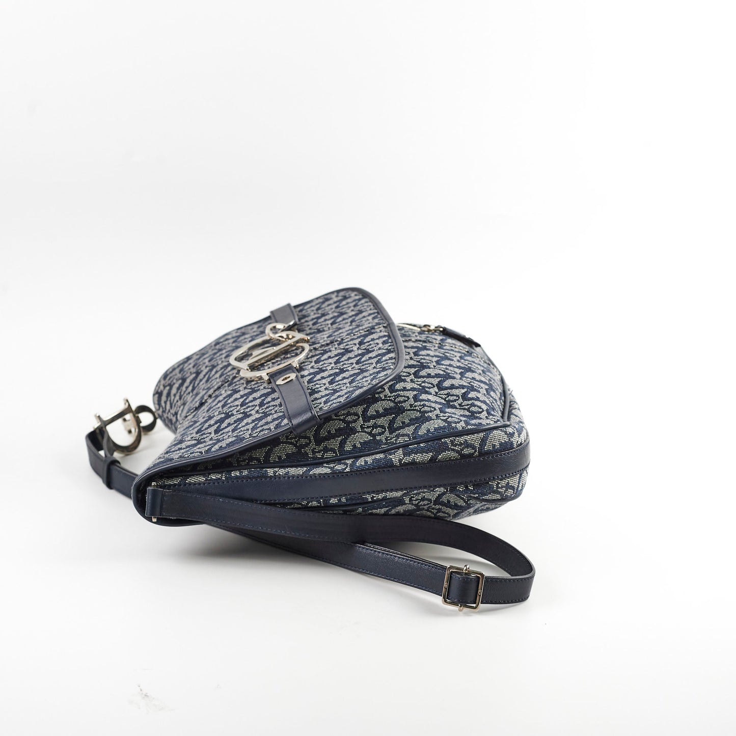Dior Christian Oblique Side Carry Crossbody Bag Canvas Navy Flap