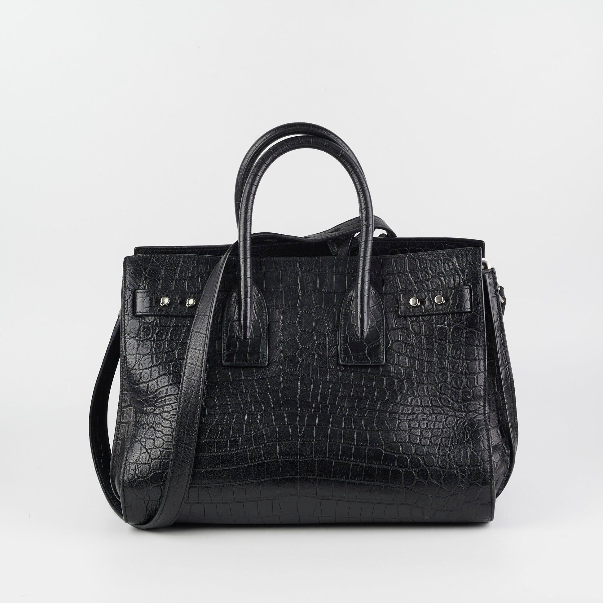YSL Saint Laurent Crocodile Calfskin Crossbody Bag Black Embossed