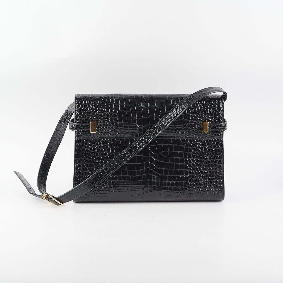 YSL Saint Laurent Manhattan Shoulder Bag In Crocodile Black Embossed