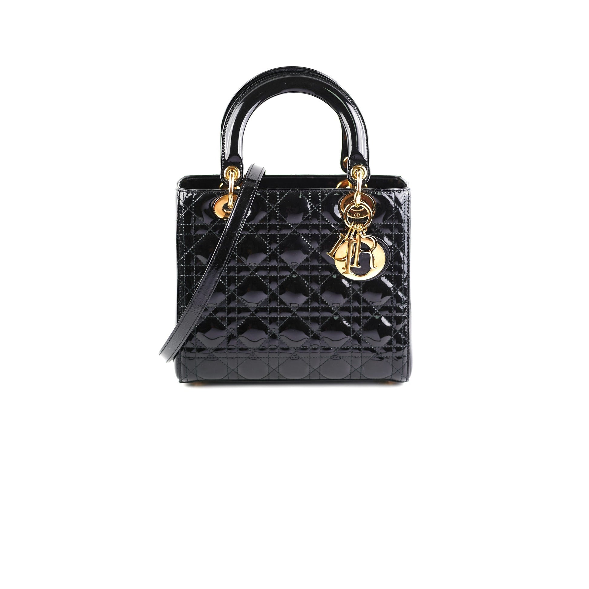 Dior Christian Lady Bag Patent Black Medium Shoulder Bag