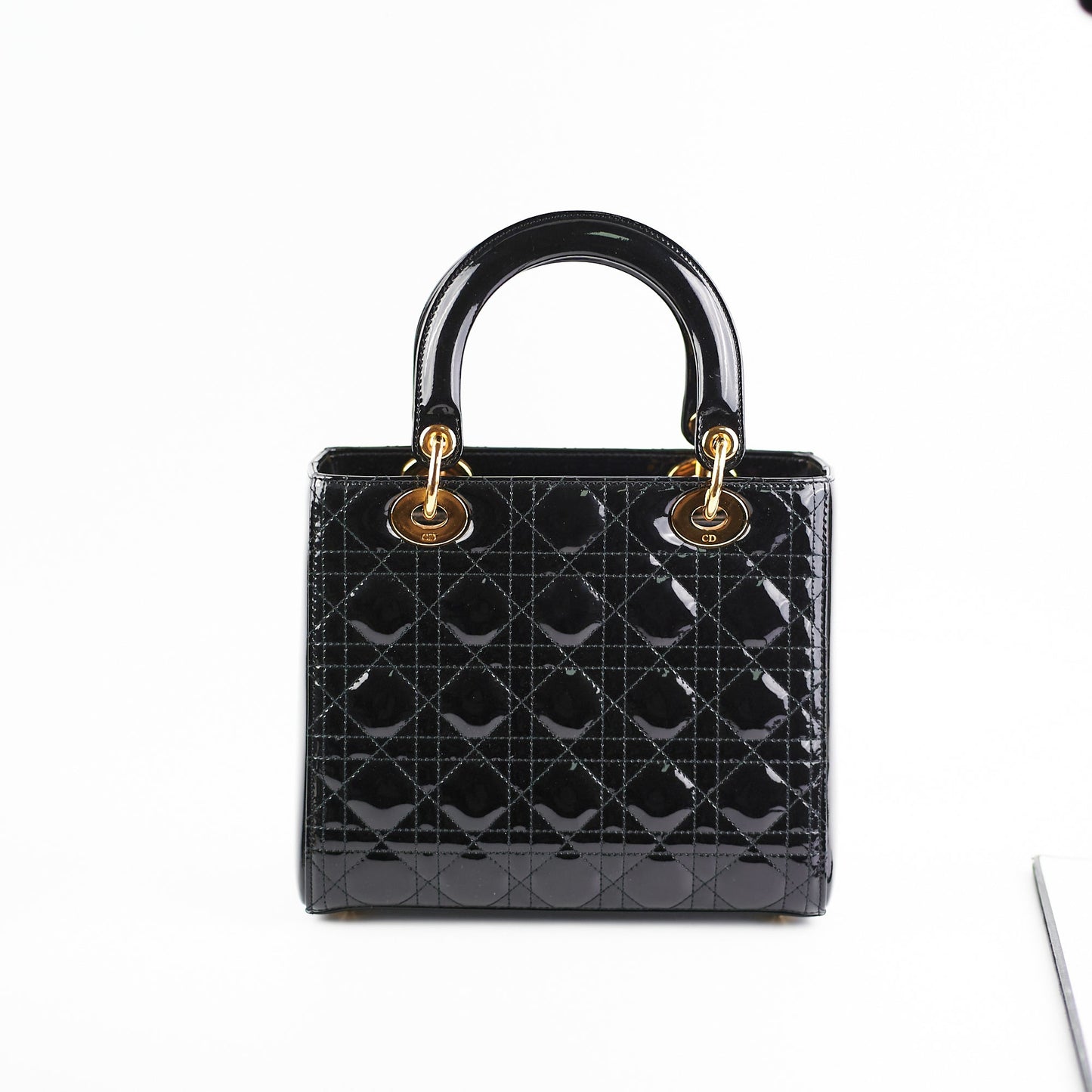 Dior Christian Lady Bag Patent Black Medium Shoulder Bag