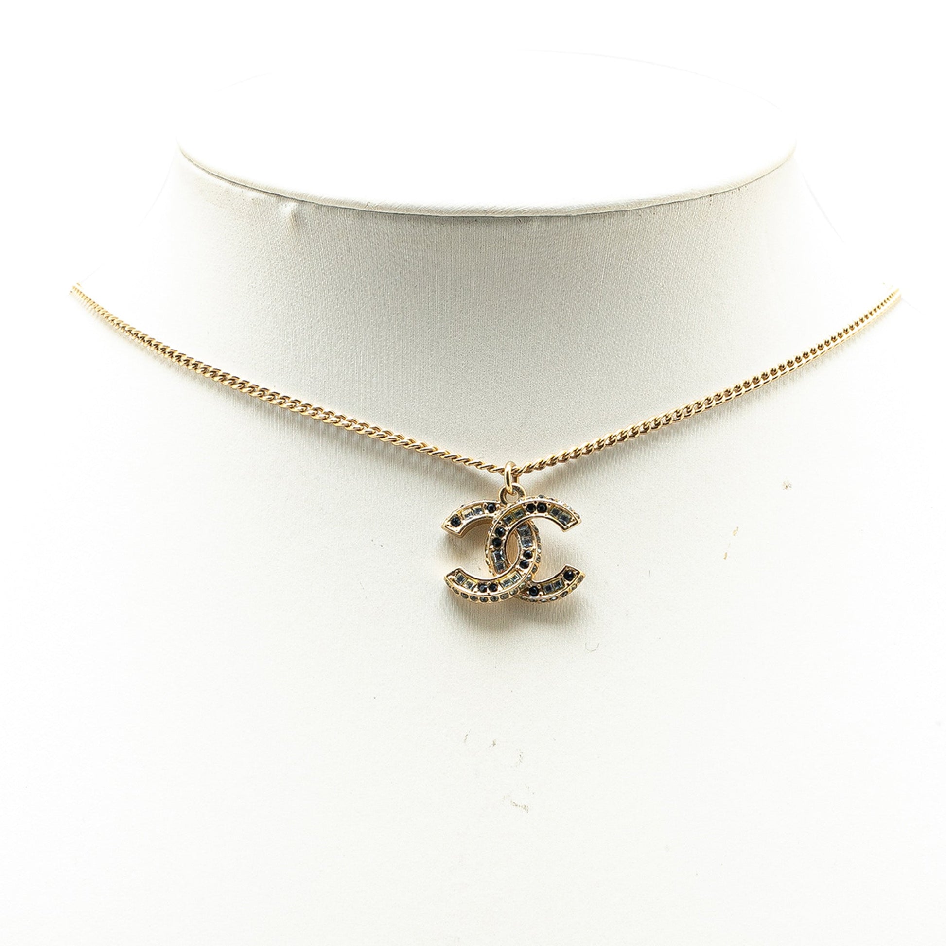 Gold Chanel Gold Plated CC Crystal Pendant Necklace