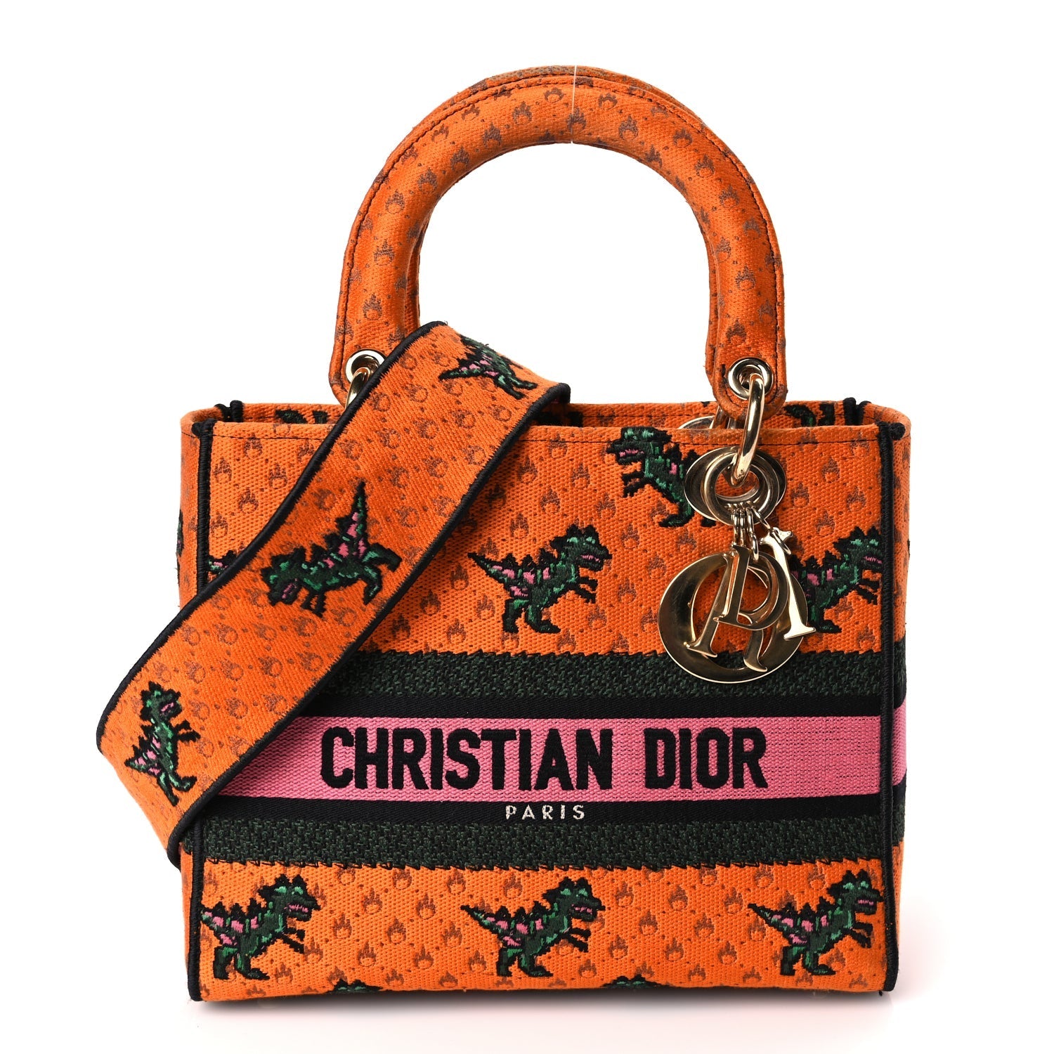 Dior Handbag Christian Dino Lady D-Lite Canvas Orange Multicolor Shoulder Bag