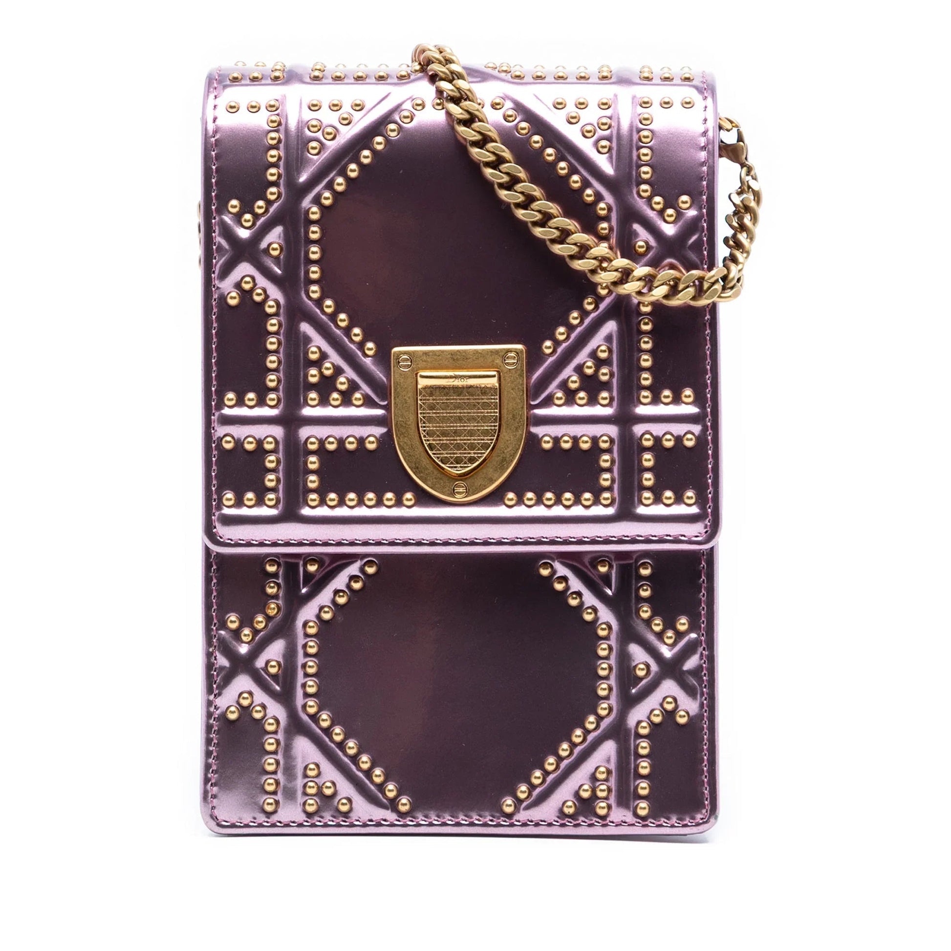 Dior Handbag Metallic Studded Calfskin Vertical ama Crossbody Bag Pink