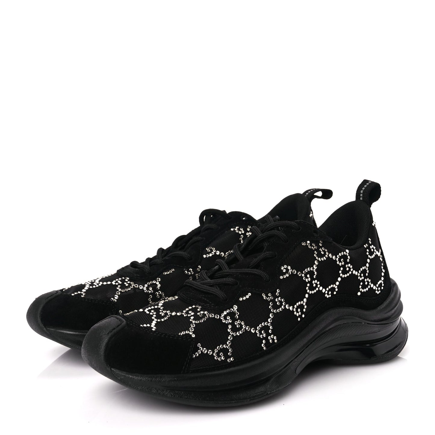 Gucci Tela Retino Mesh Crystal Suede GG Monogram Womens Gucci Run Sneakers 36 Black Silver