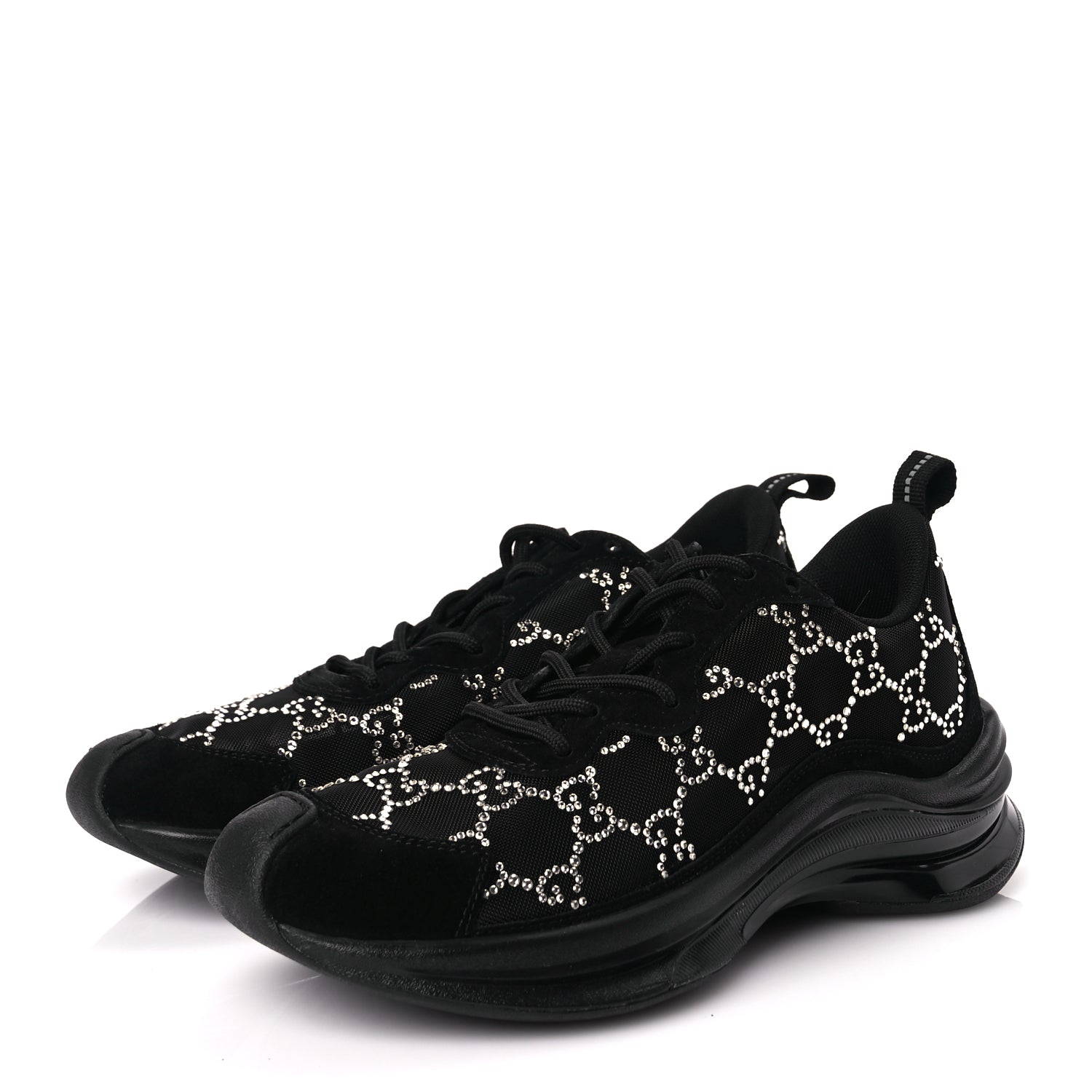 Gucci Tela Retino Mesh Crystal Suede GG Monogram Womens Gucci Run Sneakers 36 Black Silver