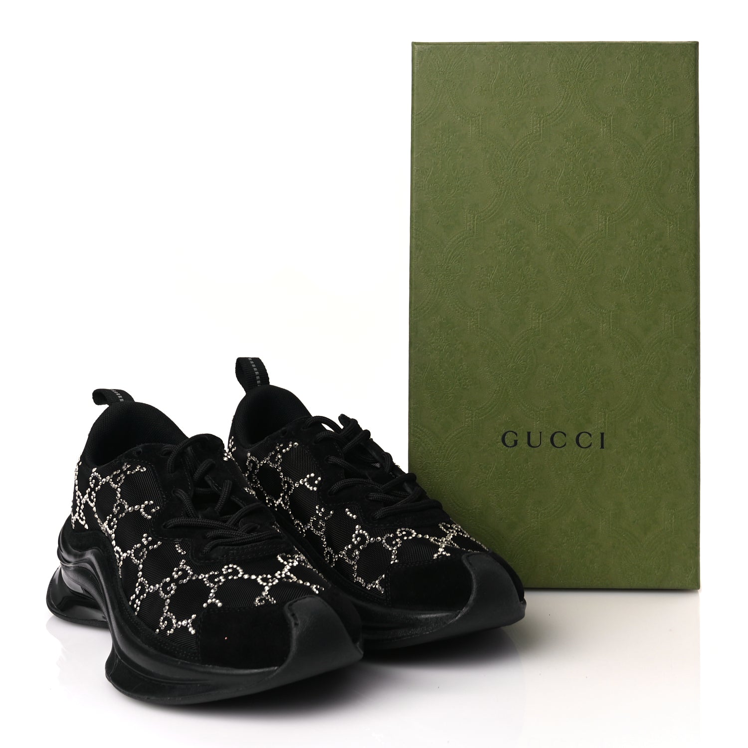 Gucci Tela Retino Mesh Crystal Suede GG Monogram Womens Gucci Run Sneakers 36 Black Silver