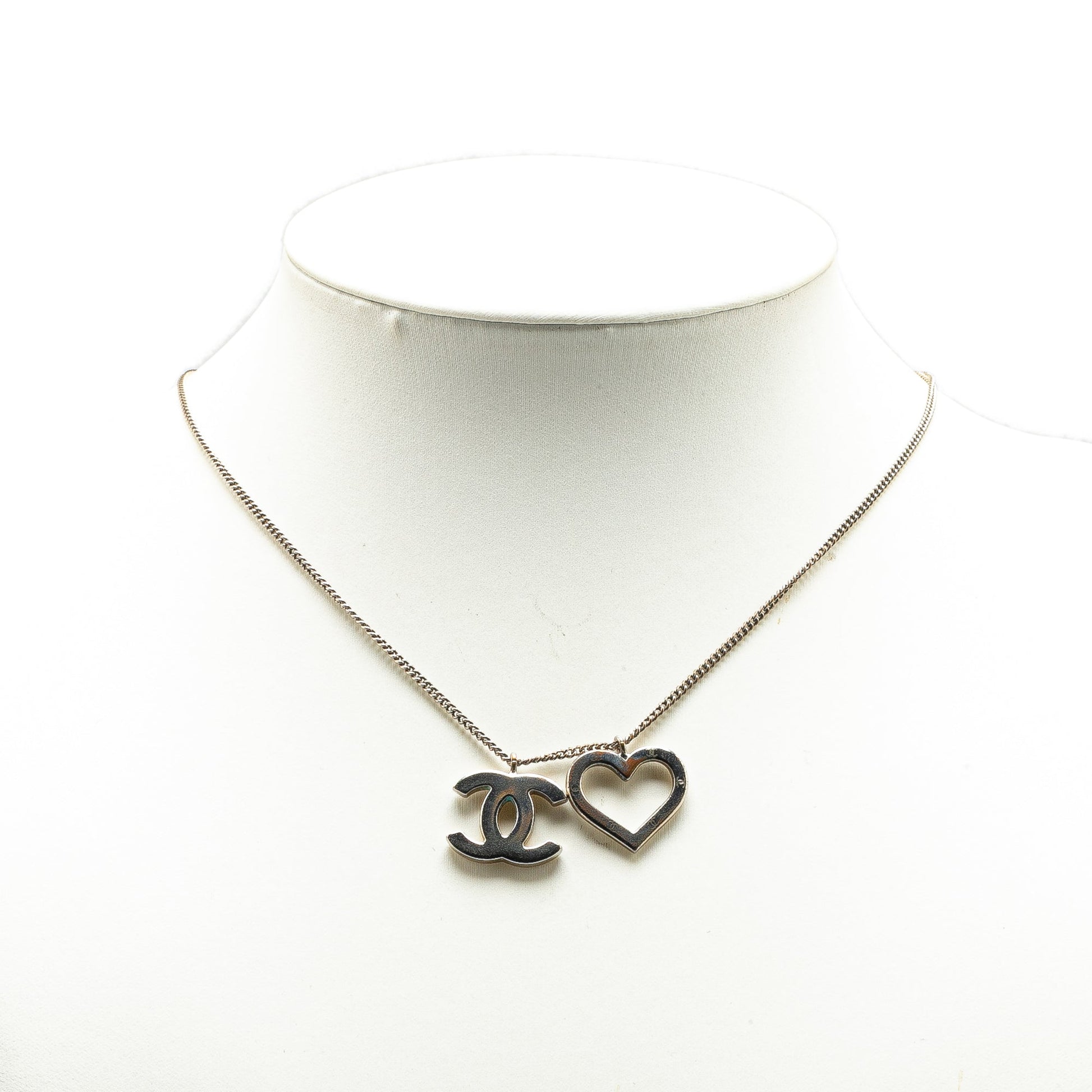 Silver Chanel Brass CC Open Heart Pendant Necklace