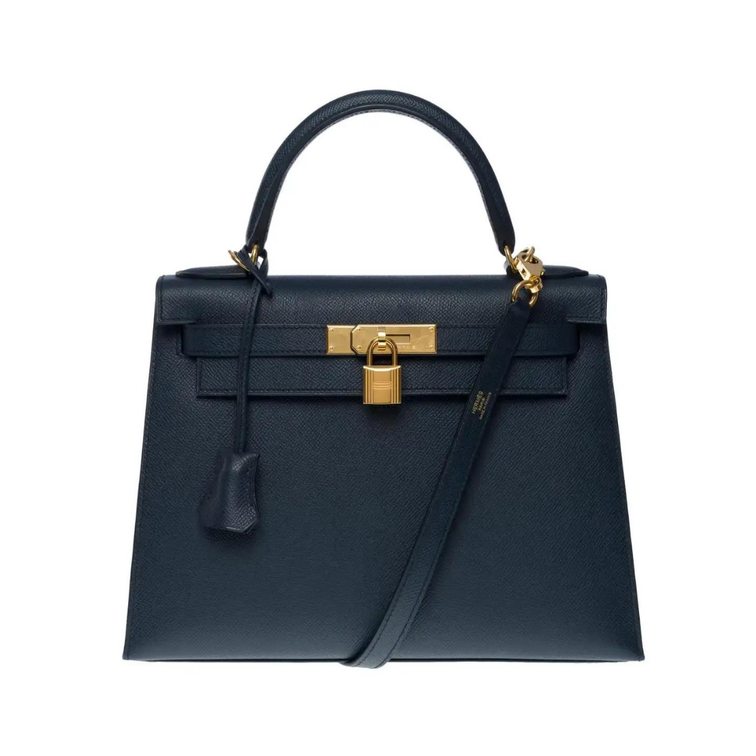 Gucci Hermes Kelly Sellier Epsom Indigo Hardware Handbag Blue Gold Travel Bag