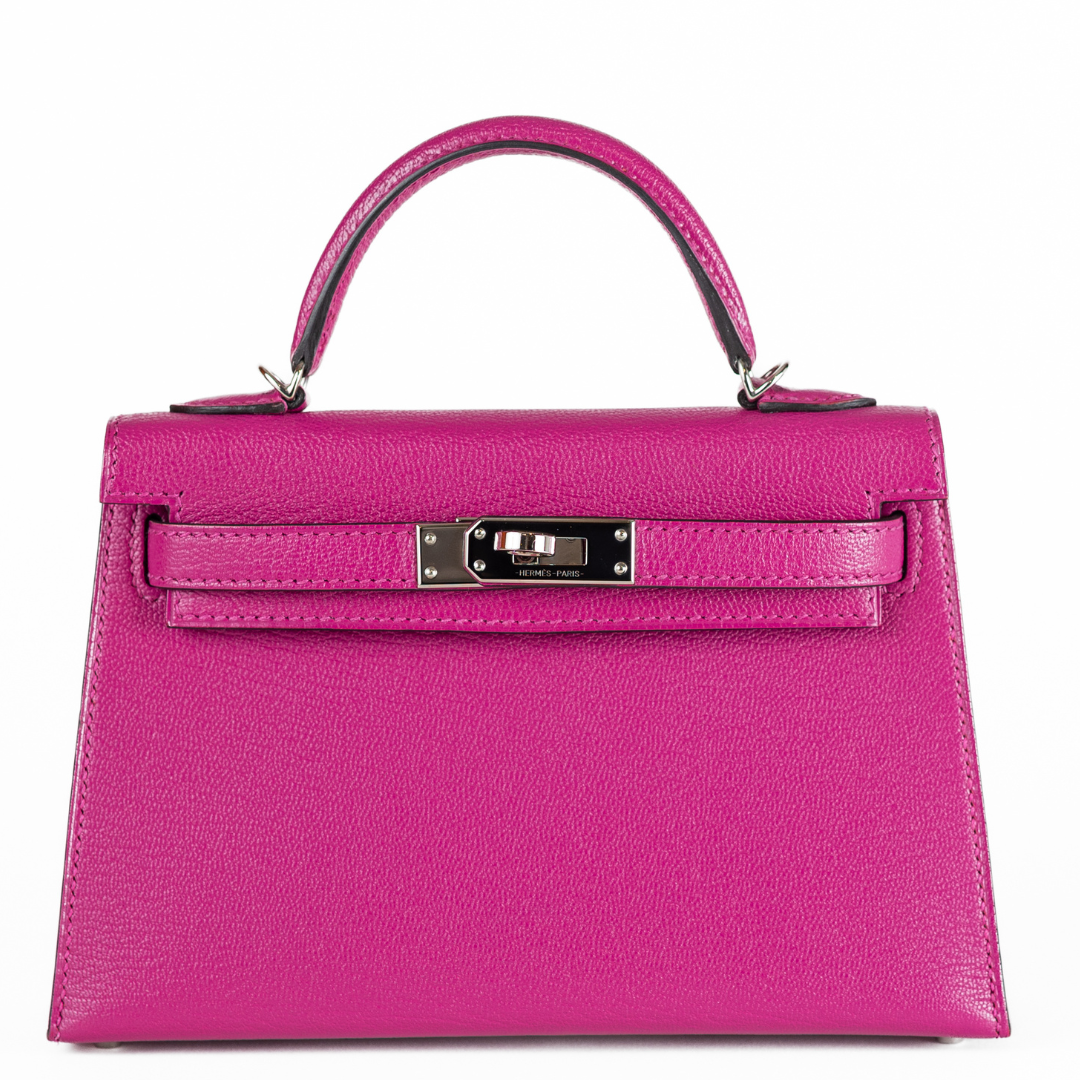Hermes Rose Pourpre Chevre Kelly W Palladium Hardware Handbag Mini Travel Bag