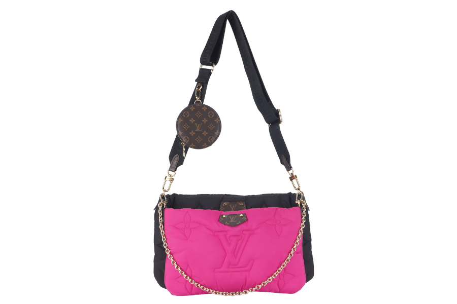 LOUIS VUITTON MAXI MULTI POCHETTE (M58980) BLACK AND FUCHSIA NYLON PILLOW MONOGRAM WITH GOLD CHAIN , STRAP WITH DUST COVER