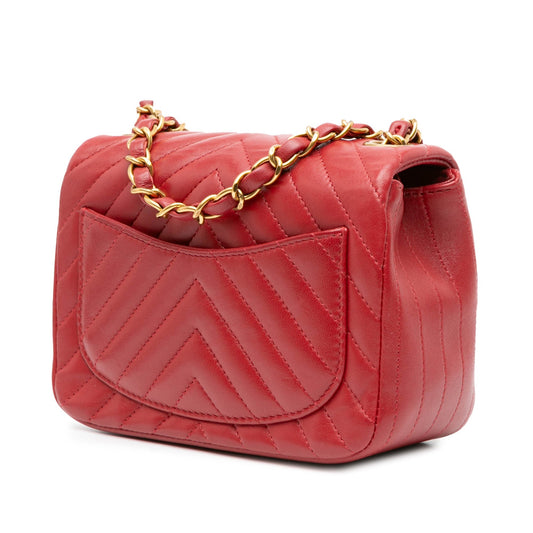 Red Chanel Mini Square Classic Chevron Lambskin Single Flap Crossbody Bag