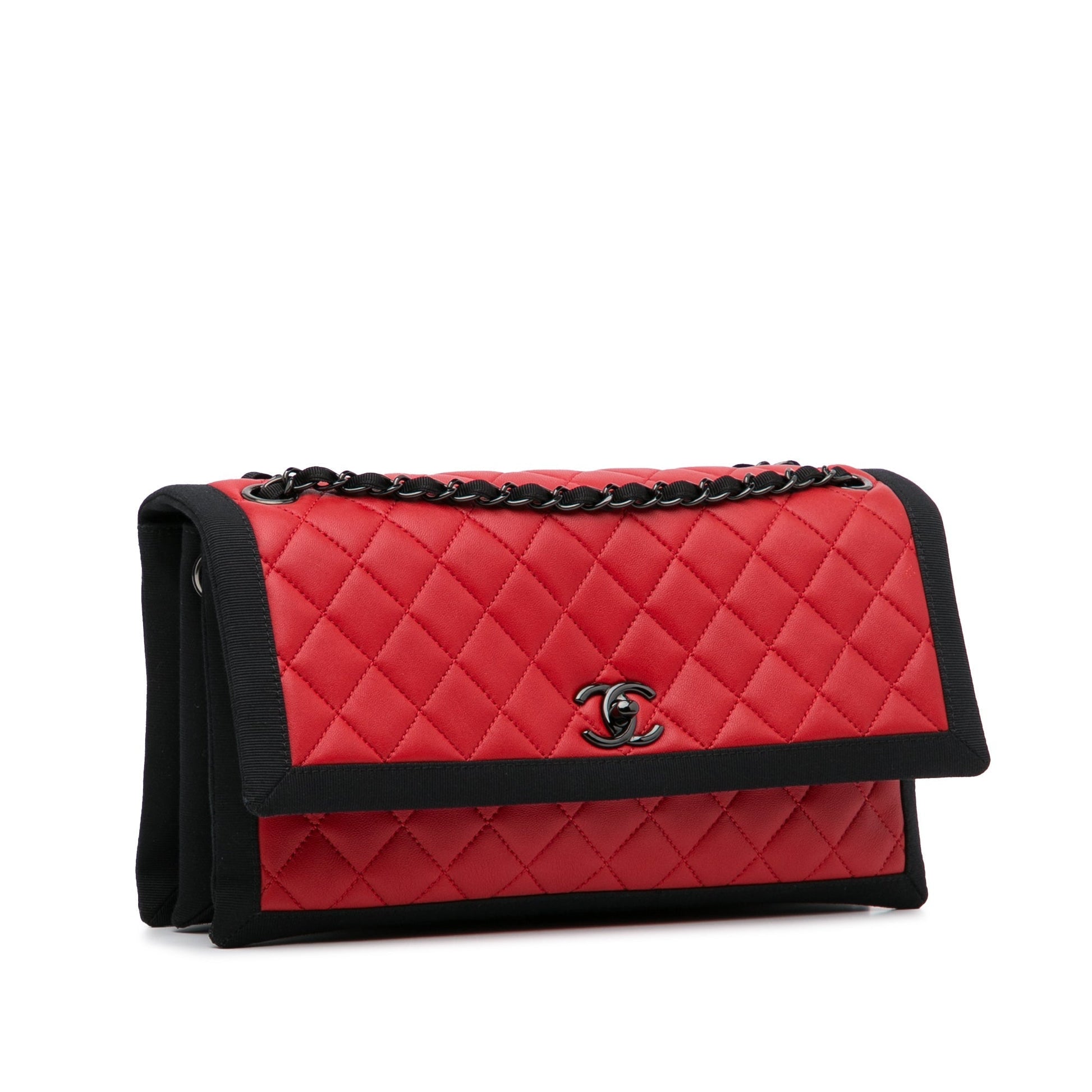 Red Chanel Medium Quilted Lambskin Grosgrain Two Tone Flap Bag