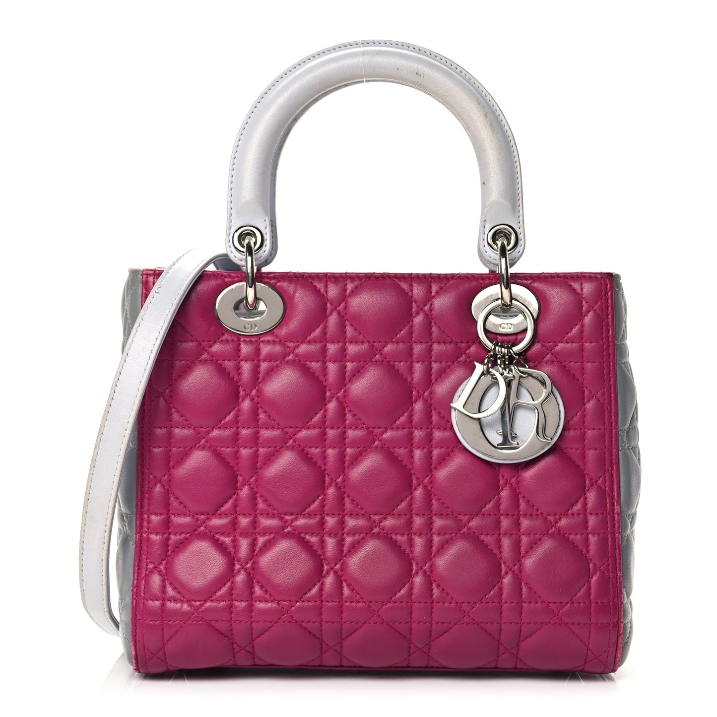 Dior Handbag Christian Cannage Medium Tri-Color Lady Fuchsia Grey Leather Lambskin Blue Shoulder Bag