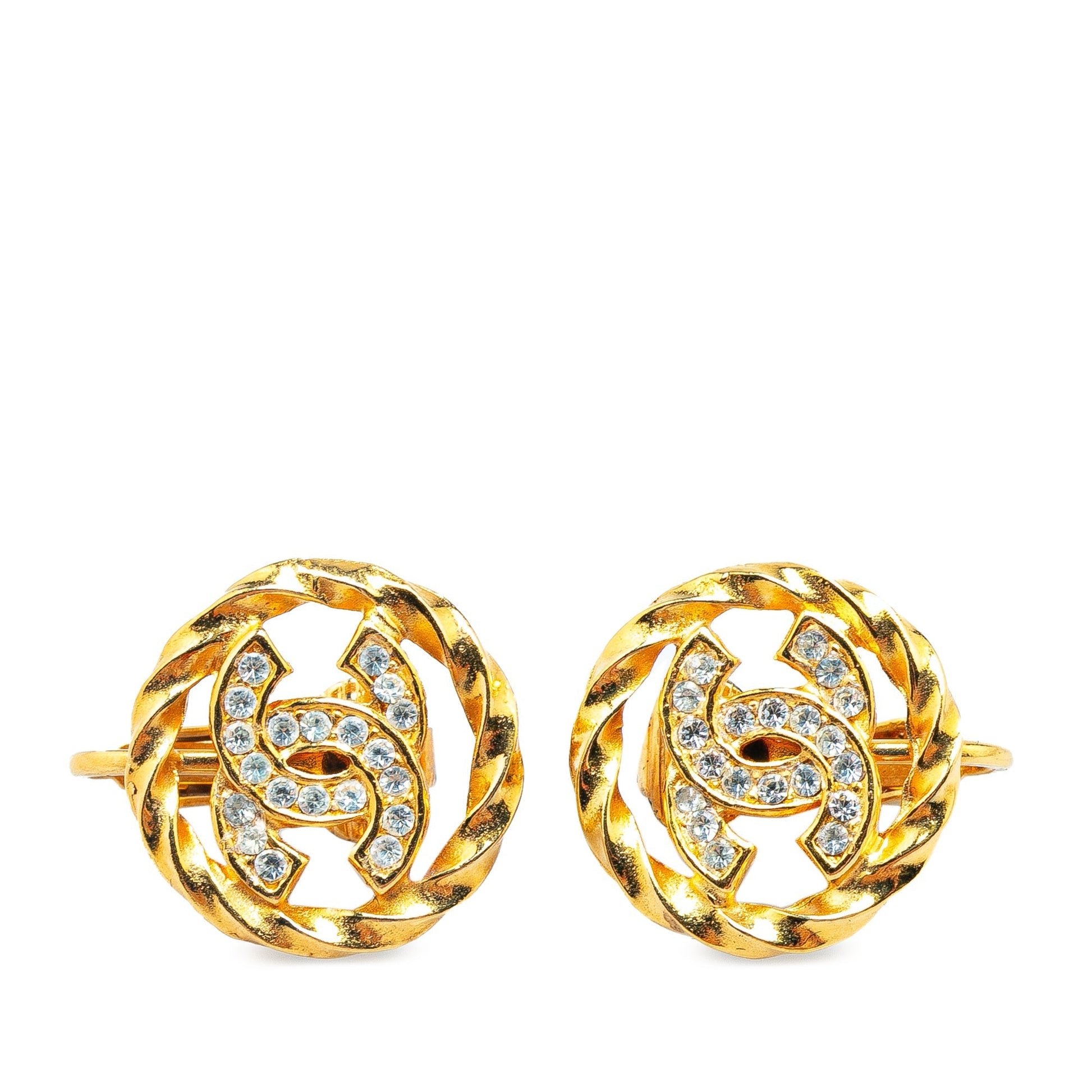 Gold Chanel Gold Plated Rhinestone CC Clip On Earrings