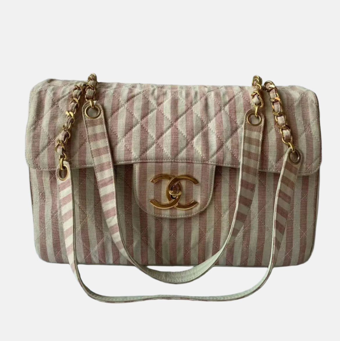 Chanel XXL Maxi Striped Flap Hardware Pink Gold Canvas Travel Bag