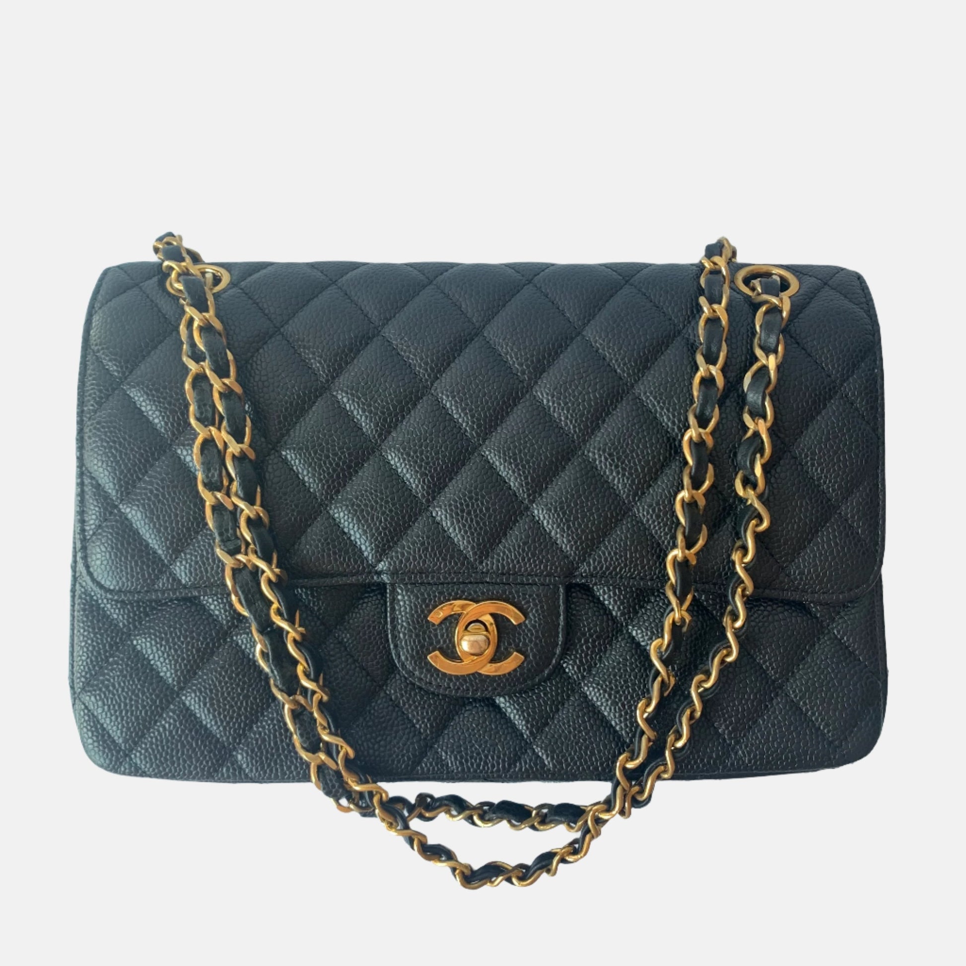 Chanel Classic Flap Caviar 24k Hardware Pre Black Gold Leather Handbag