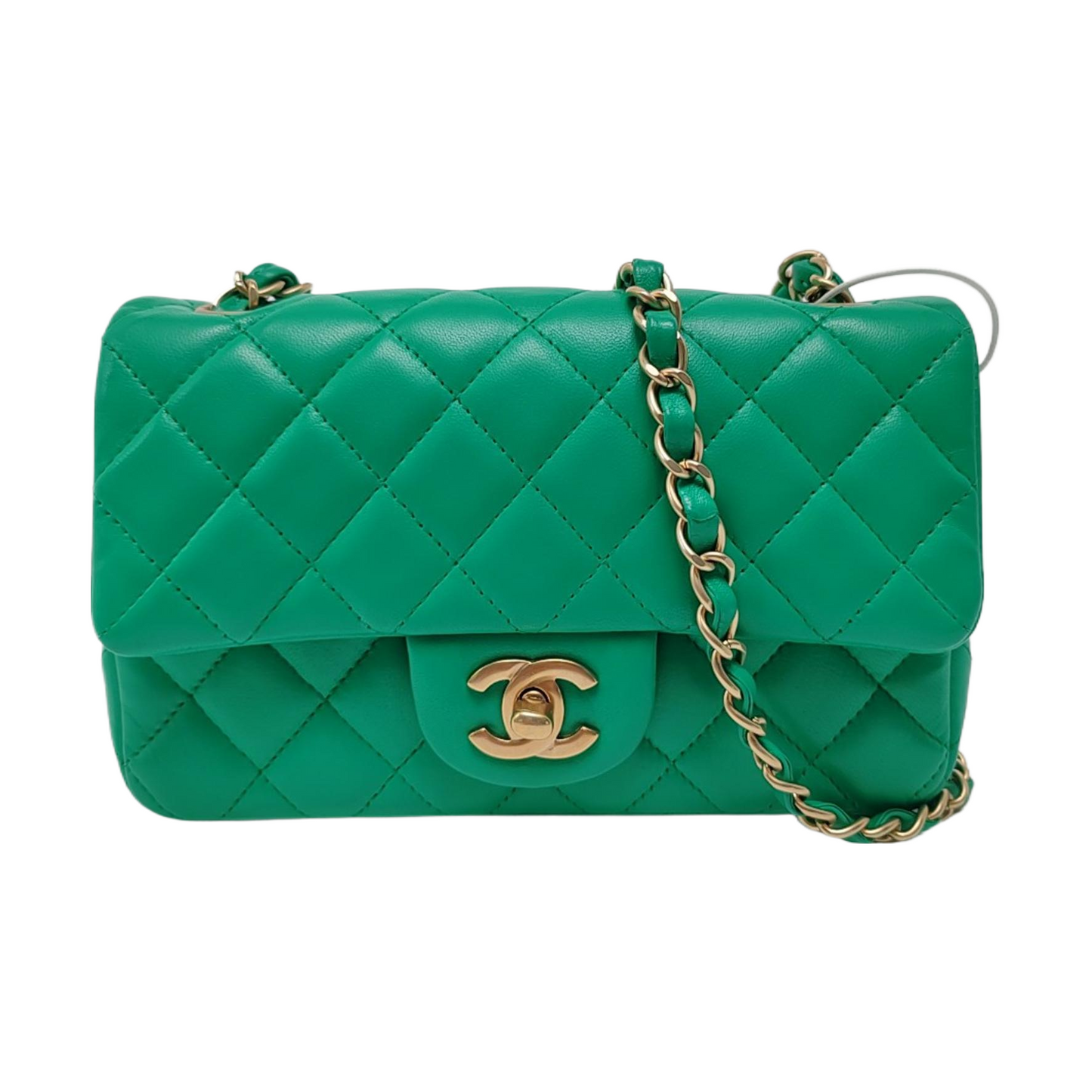 Chanel Classic Flap Rectangular Lambskin Hardware Green Gold Leather Mini Bag