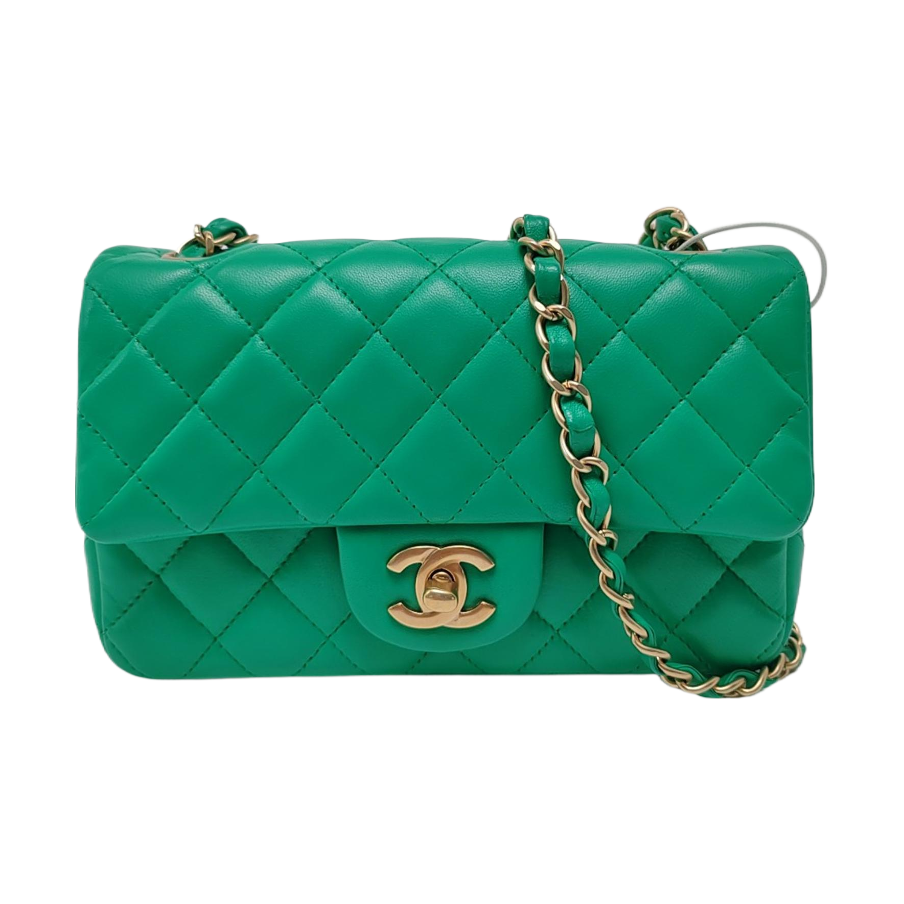 Chanel Classic Flap Rectangular Lambskin Hardware Green Gold Leather Mini Bag