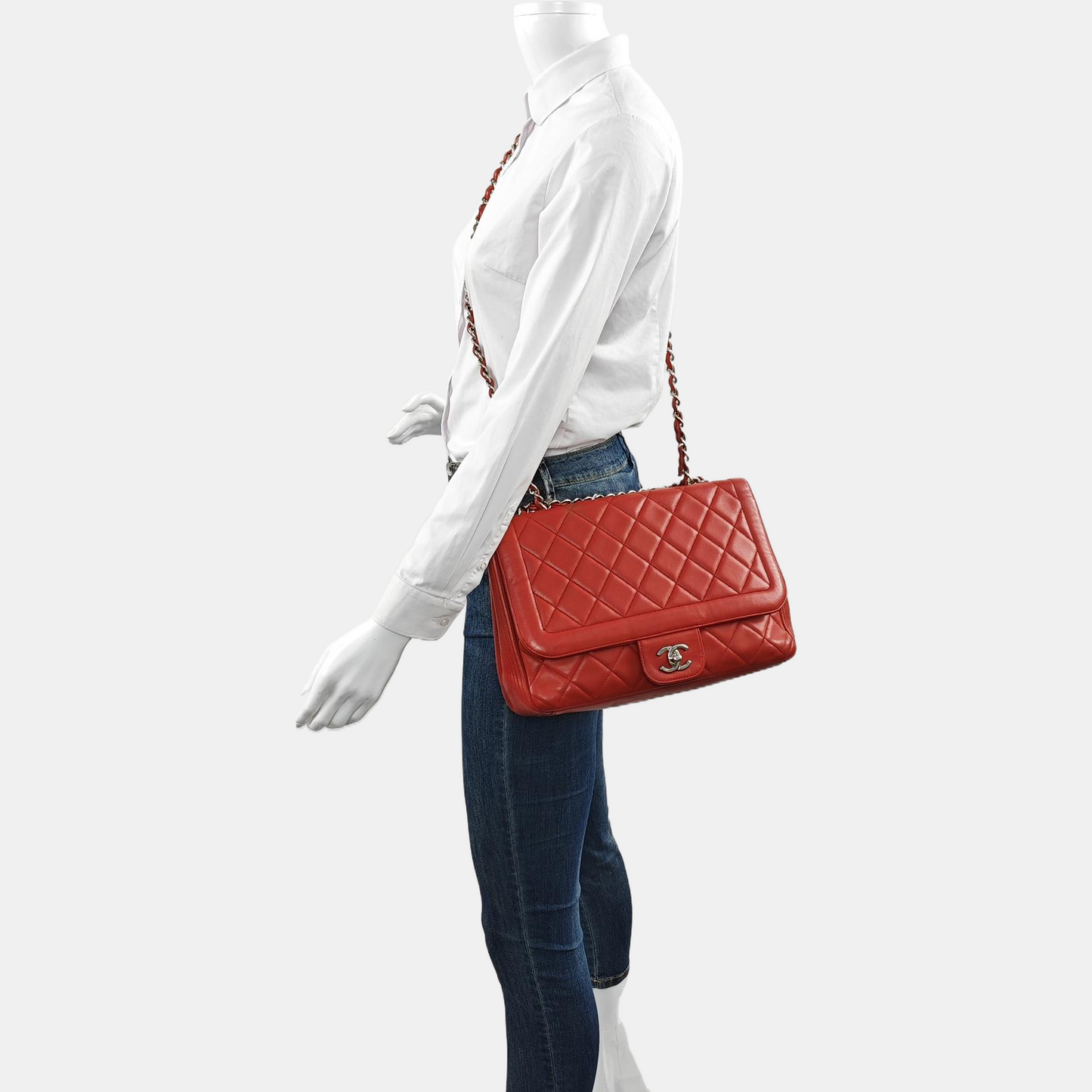 Chanel Classic Flap Single Flap Lambskin Hardware Red Silver Leather Handbag