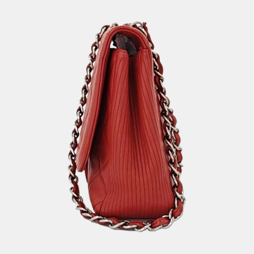 Chanel Classic Flap Single Flap Lambskin Hardware Red Silver Leather Handbag