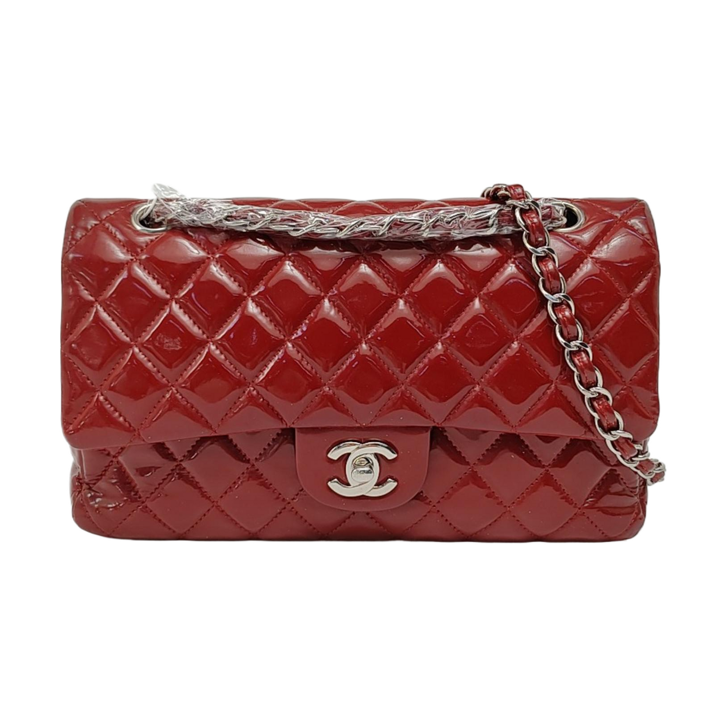 Chanel Classic Flap Patent Hardware Red Silver Leather Handbag