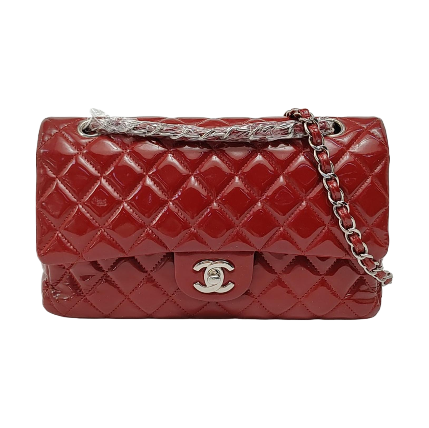 Chanel Classic Flap Patent Hardware Red Silver Leather Handbag