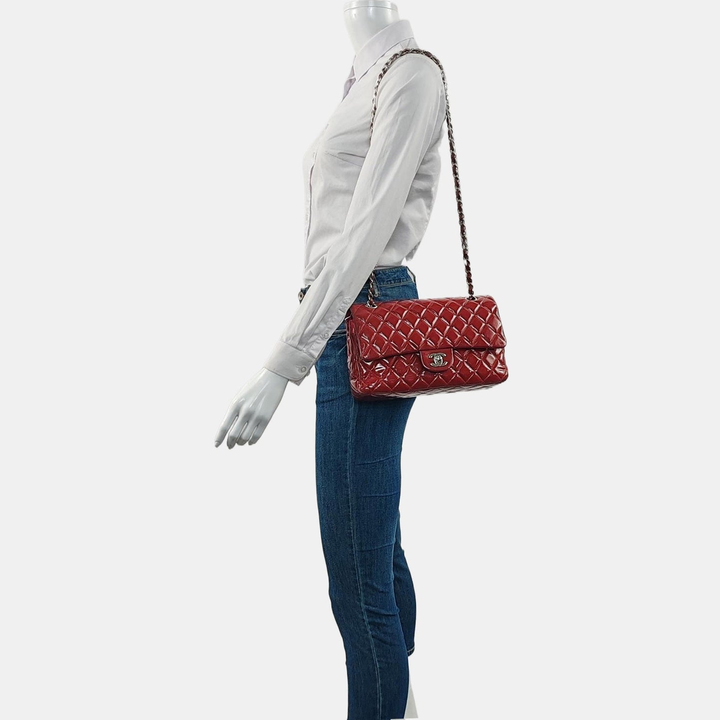 Chanel Classic Flap Patent Hardware Red Silver Leather Handbag
