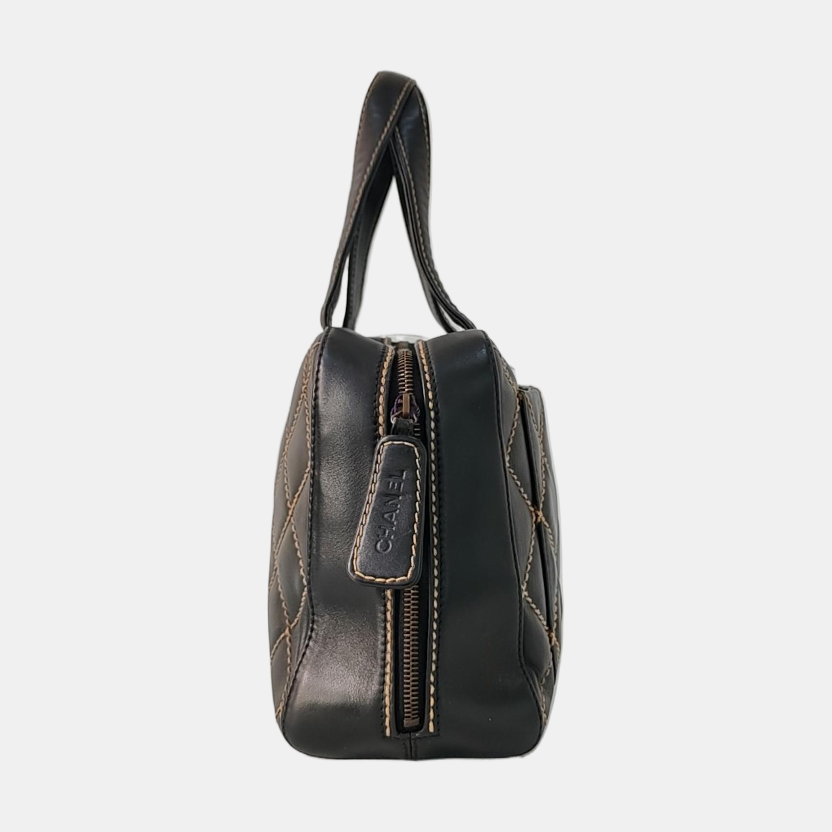 Chanel Boston Wild Stitch Top Handle Zip Black Handbag
