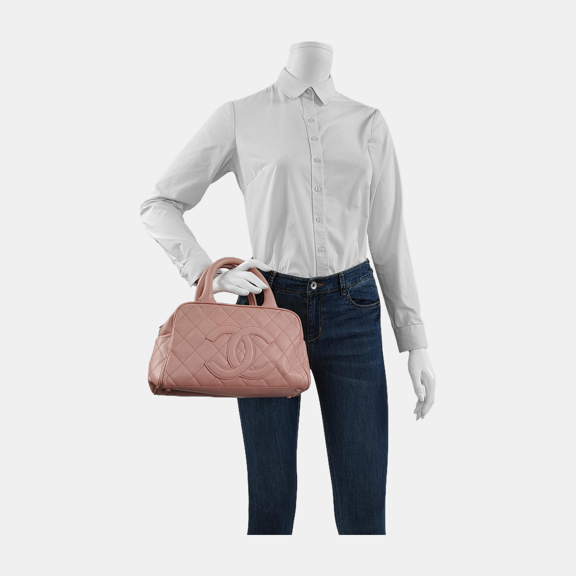 Chanel Boston Bowling Caviar Top Handle Pink Small Leather Handbag