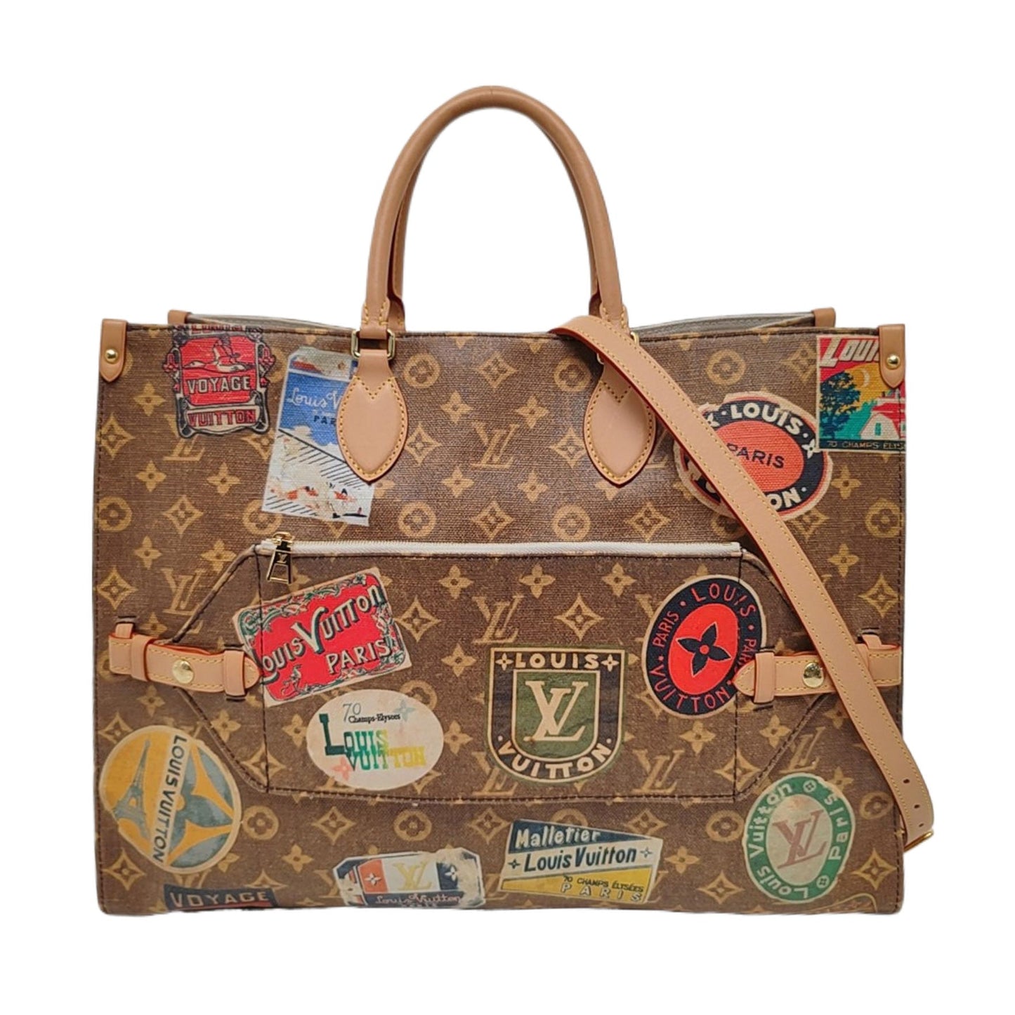 Louis Vuitton OnTheGo Hotel Labels Toteo Monogram Brown Crossbody Bag