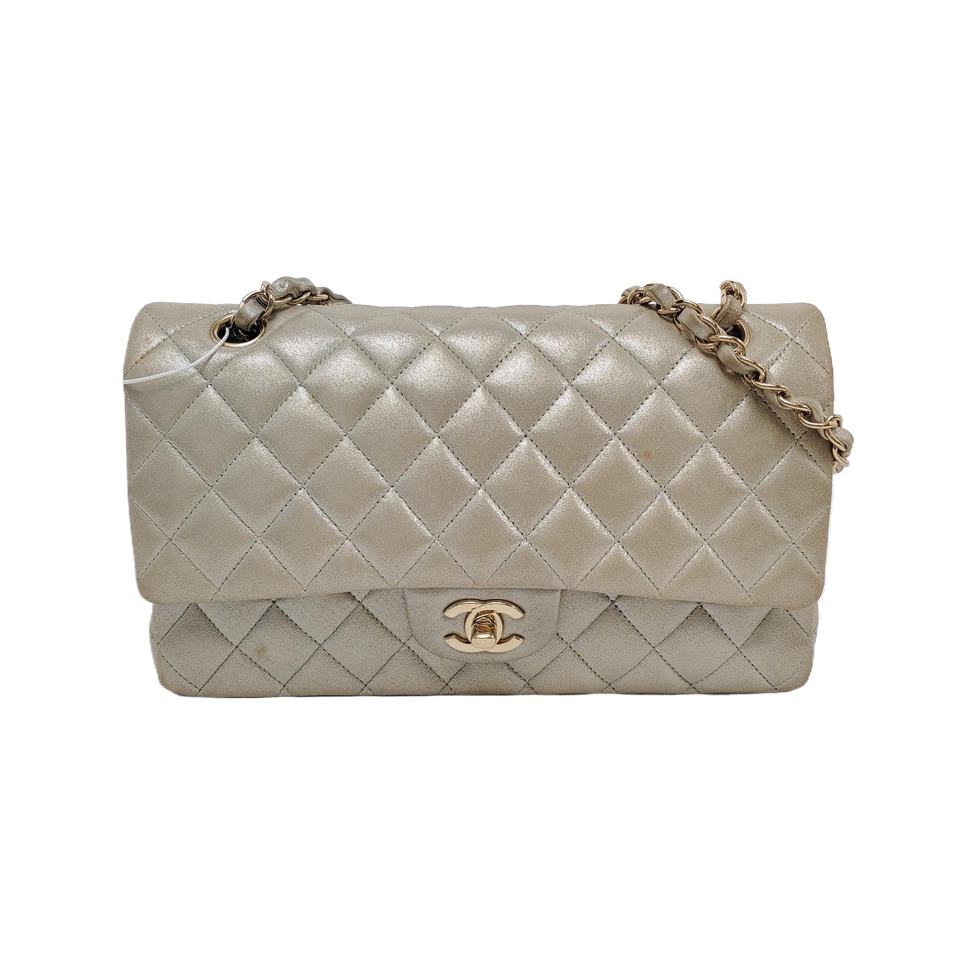 Chanel Classic Flap Iridescent Aged Calfskin Hardware Gold Silver Leather Handbag