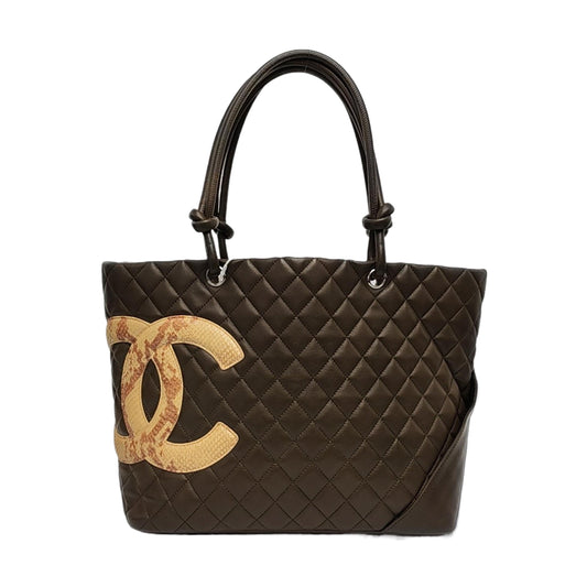 Chanel Cambon Olive Calfskin Snakeskin Logo Green Leather Tote Bag
