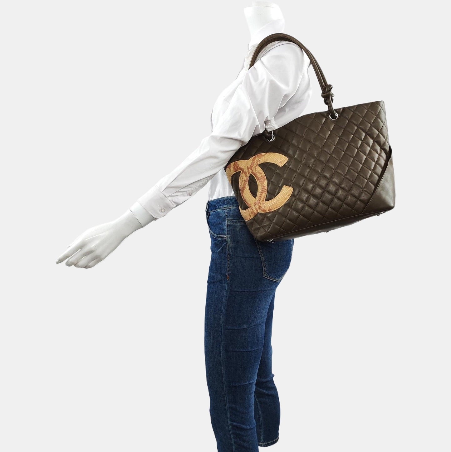 Chanel Cambon Olive Calfskin Snakeskin Logo Green Leather Tote Bag