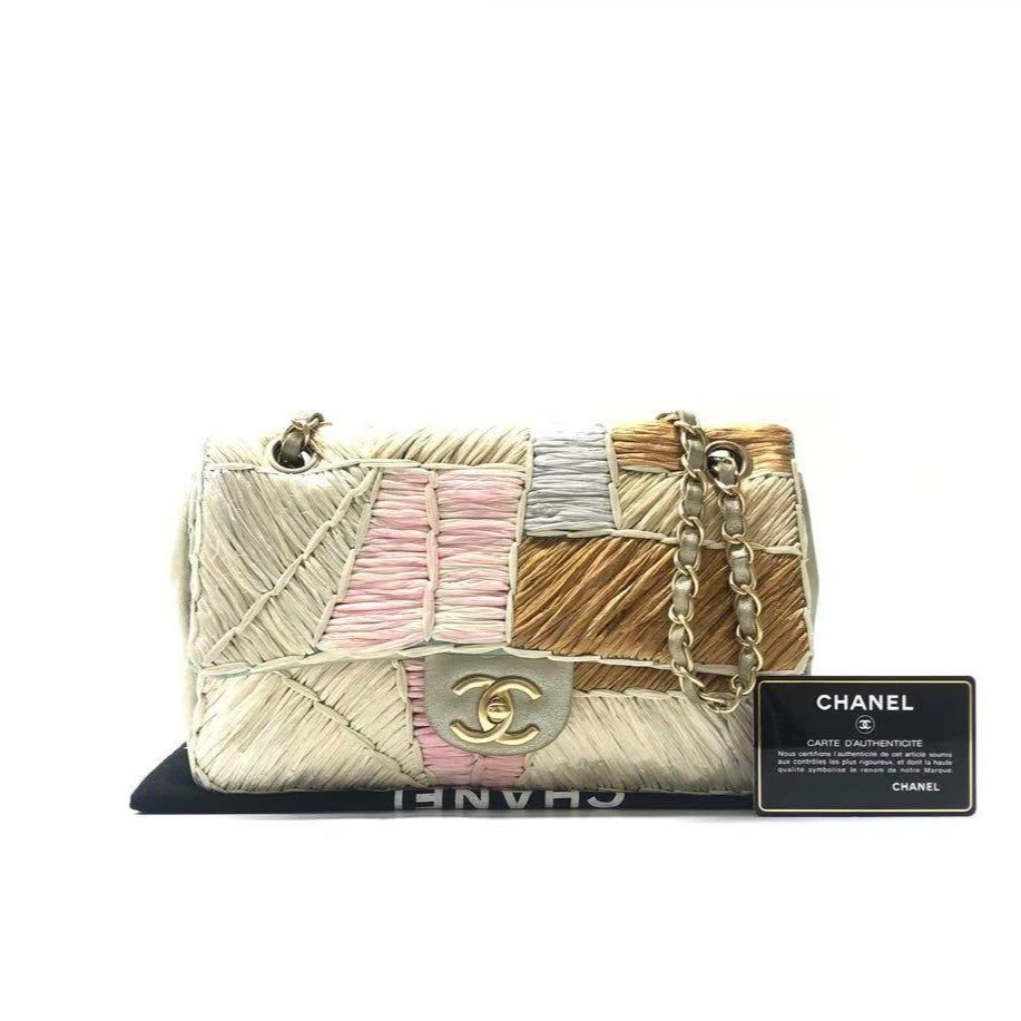 Chanel Timeless Classic Flap Rare Patchwork Raffia Multicolor Gold Handbag