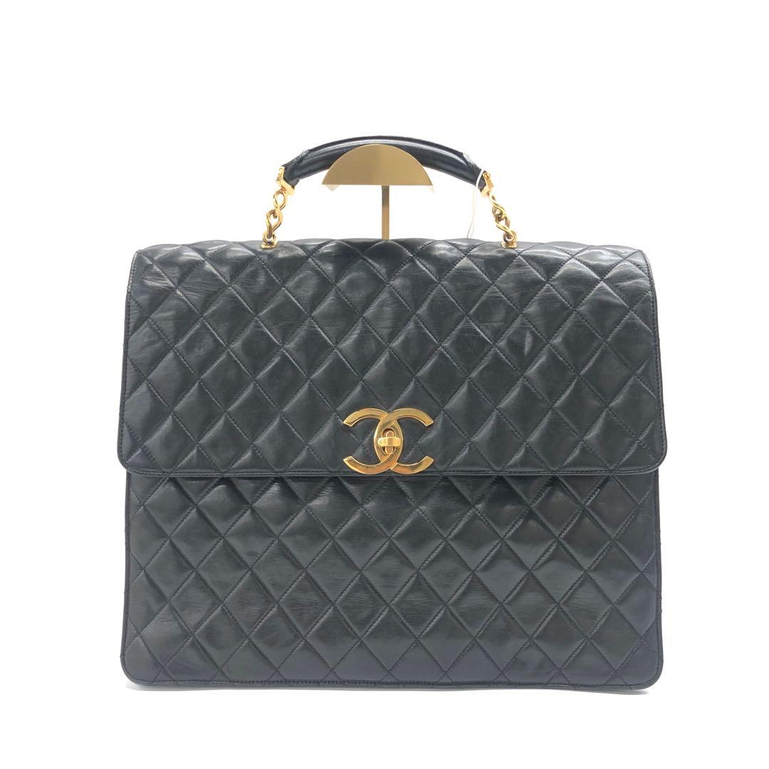 Chanel Quilted CC Briefcase Lambskin Hardware Black Gold Leather Handbag