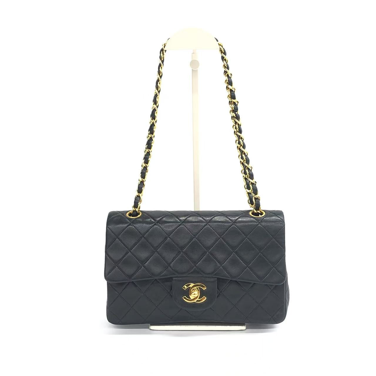 Chanel Classic Flap Lambskin Double Flap 24k Black Gold Small Leather Handbag