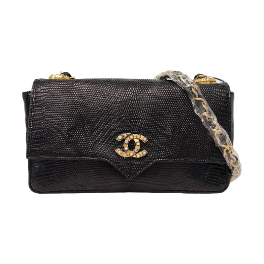 Chanel Classic Flap Lizard Embossed Gem CC Black Leather Crossbody Bag