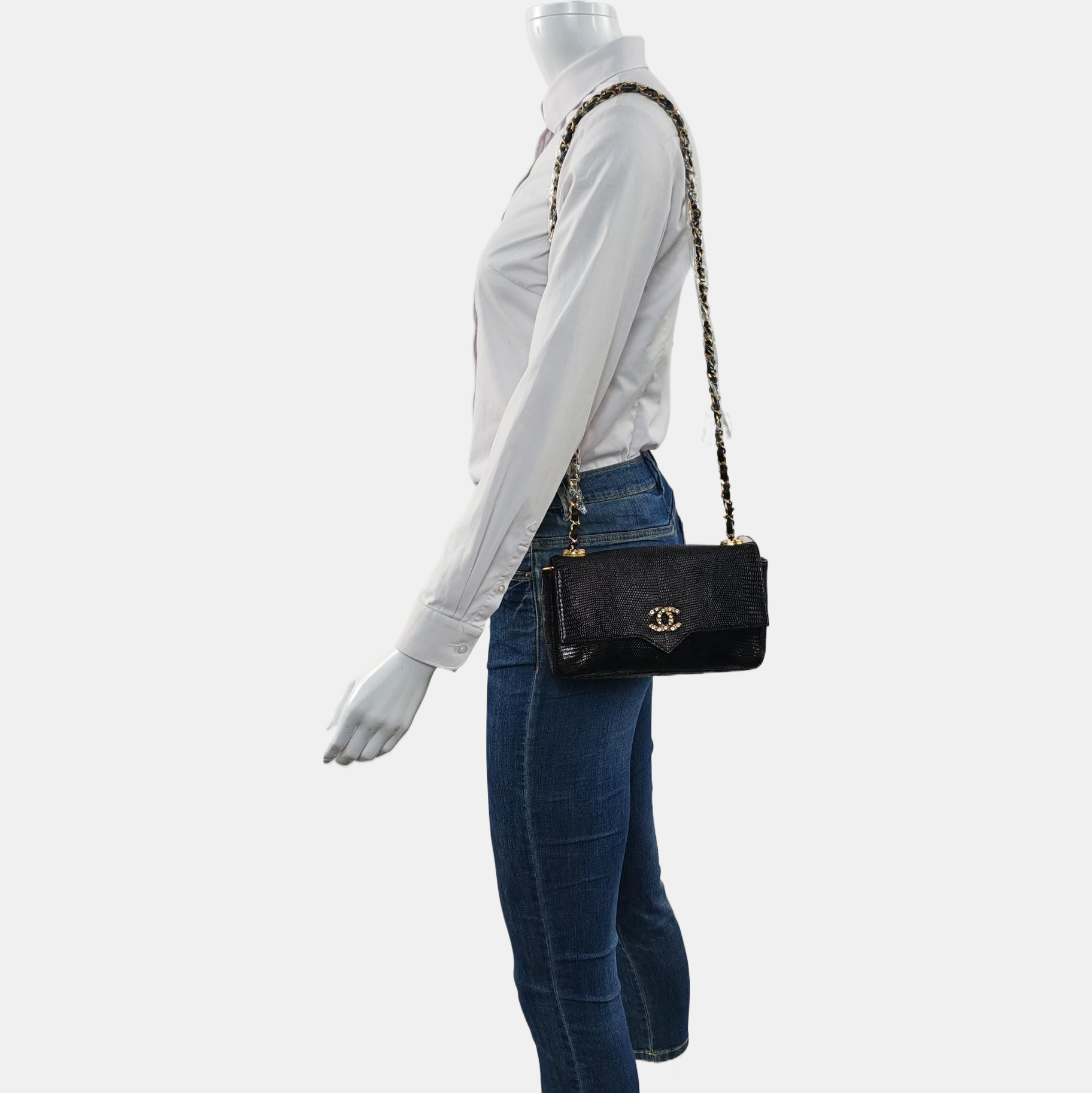 Chanel Classic Flap Lizard Embossed Gem CC Black Leather Crossbody Bag