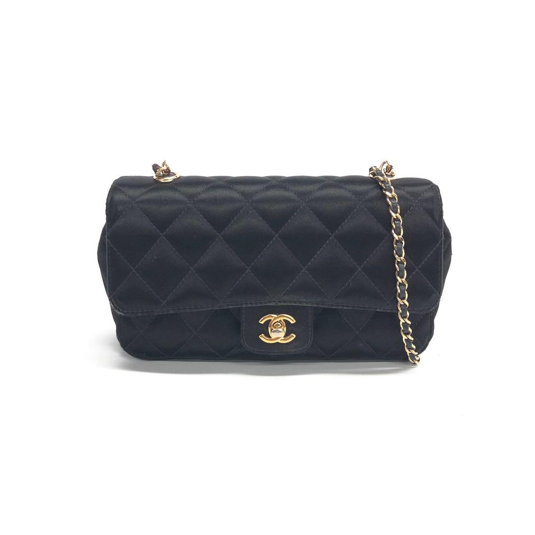 Chanel Classic Flap Silk Satin Hardware Black Gold Mini Bag