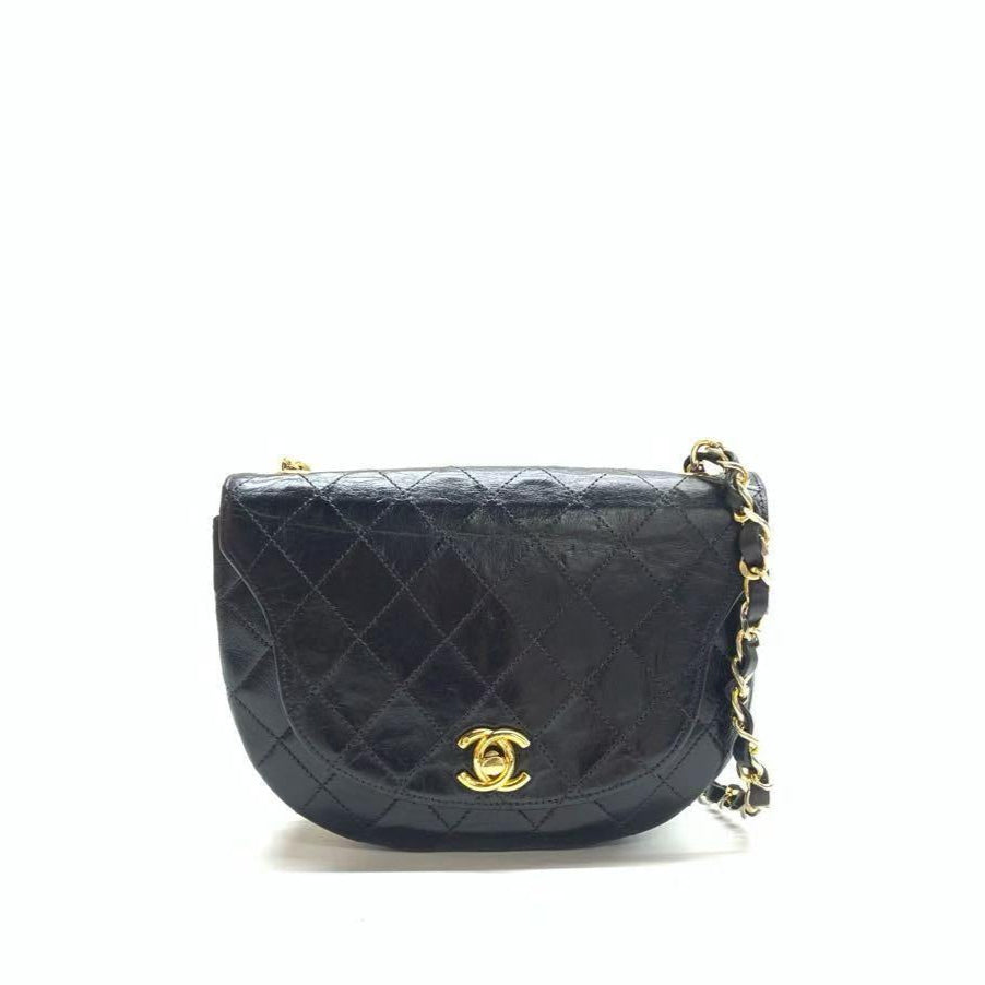 Chanel Half Moon Flap Lambskin Hardware Black Gold Leather Shoulder Bag