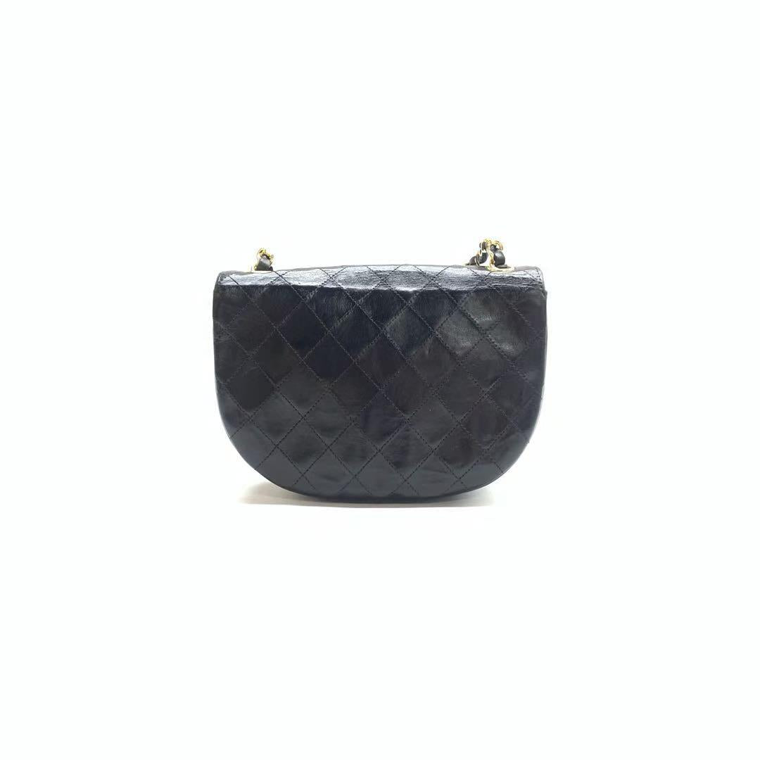 Chanel Half Moon Flap Lambskin Hardware Black Gold Leather Shoulder Bag