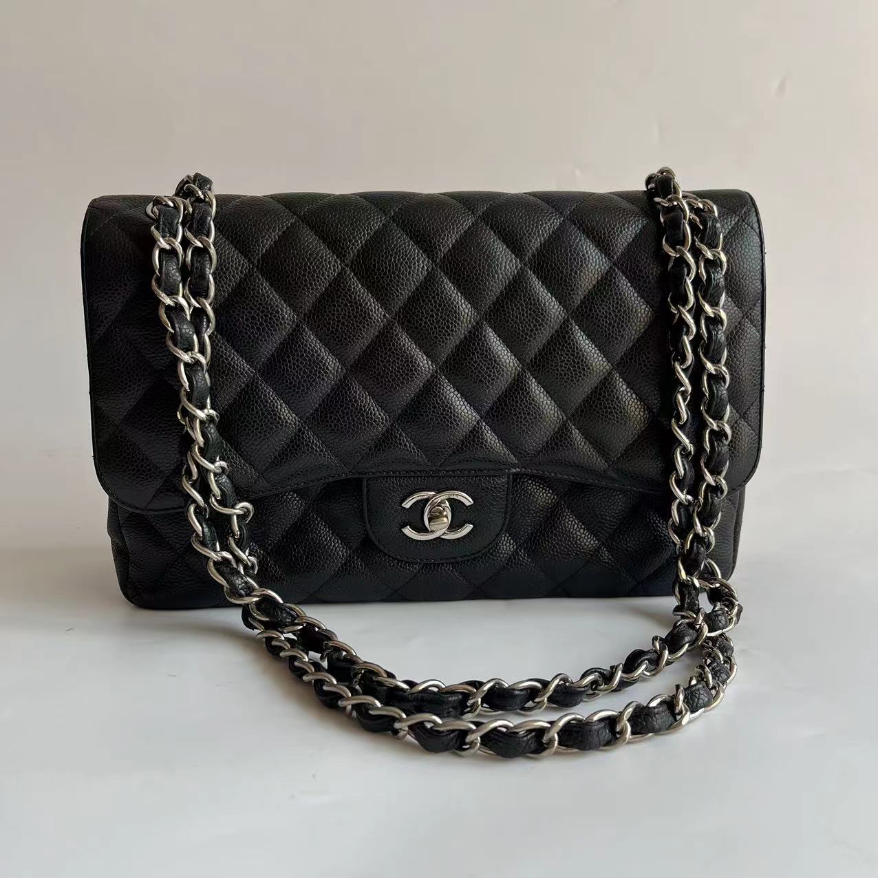 Chanel Classic Flap Jumbo Caviar Double Flap Black Silver Leather Handbag 4