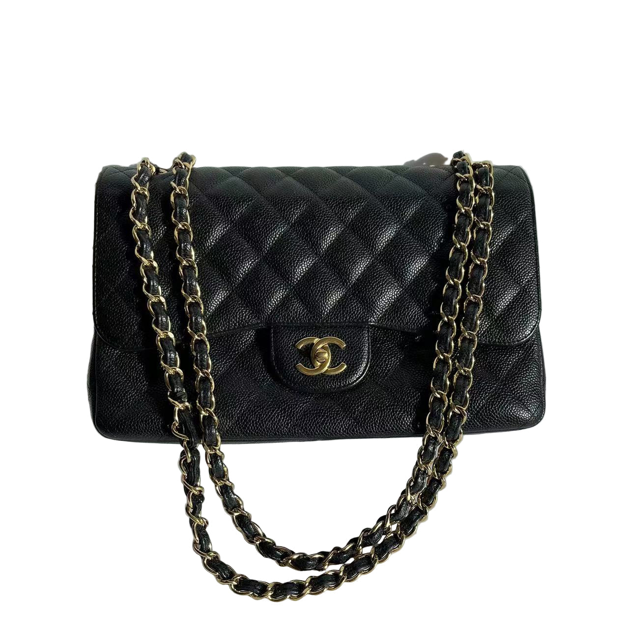 Chanel Classic Flap Jumbo Caviar Double Flap Black Gold Leather Handbag 8