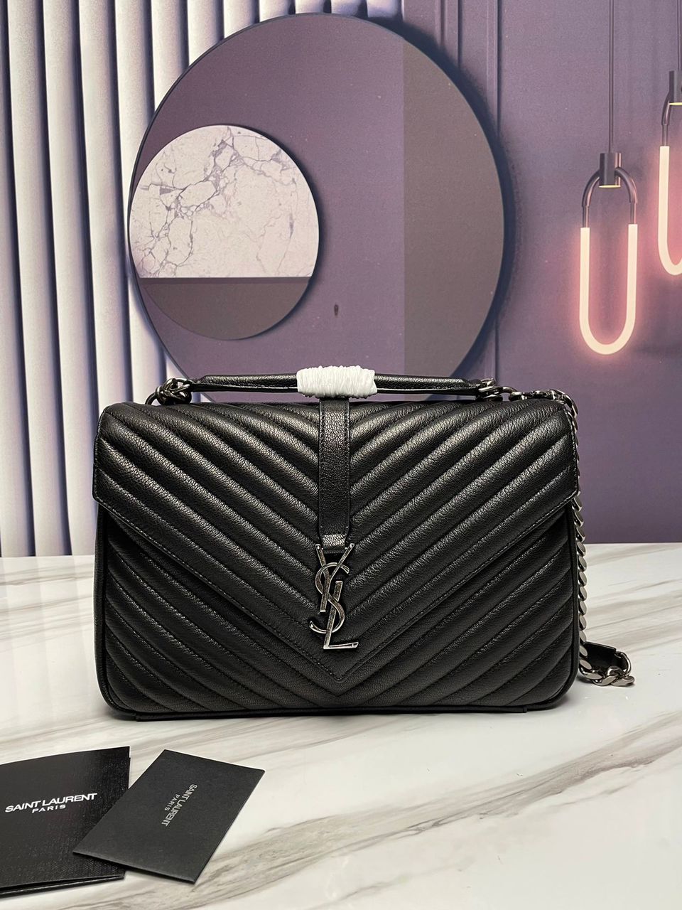 YSL Saint Laurent College Toned Hardware 12in 32cm Black Silver Large Chain Handbag