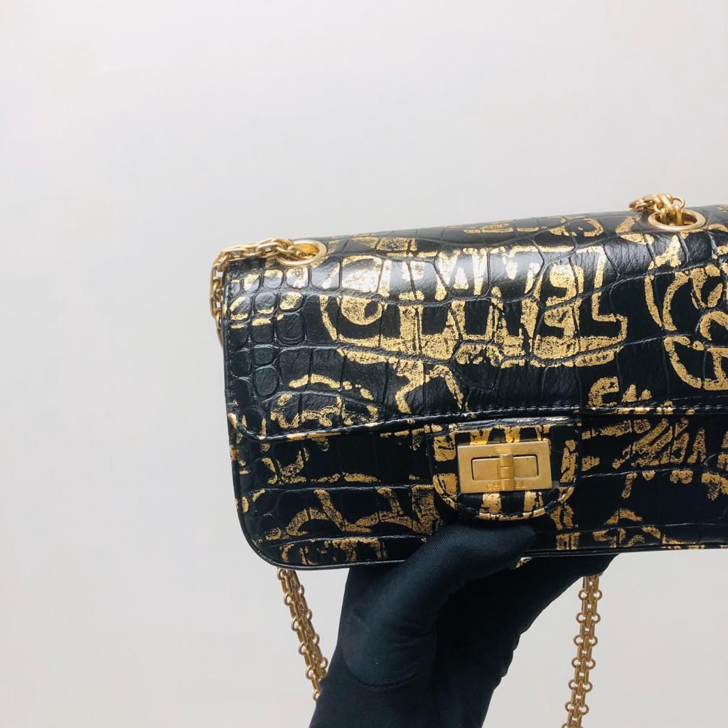 Chanel 19A Graffiti Croc Embossed 2.55 Reissue Handbag Leather Black Shoulder Bag