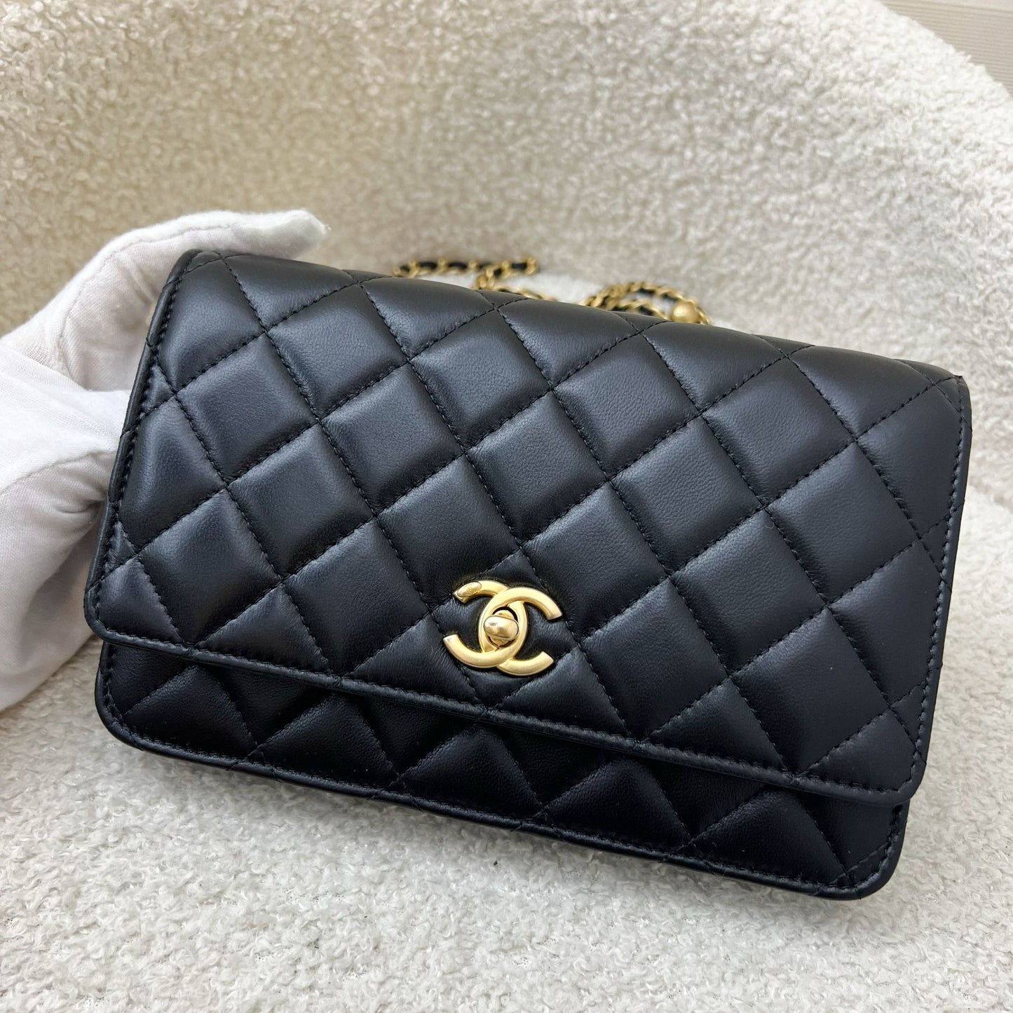 Chanel Pearl Crush Wallet on Chain WOC in Black Lambskin and Aghw Handbag