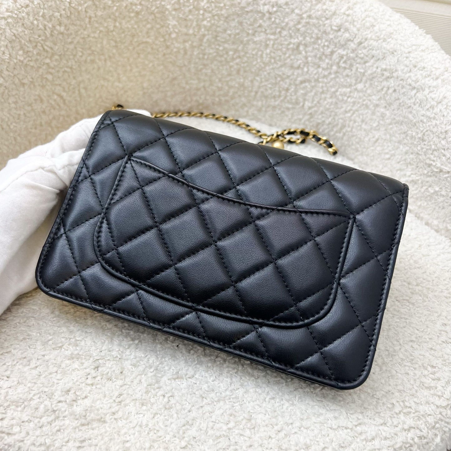 Chanel Pearl Crush Wallet on Chain WOC in Black Lambskin and Aghw Handbag